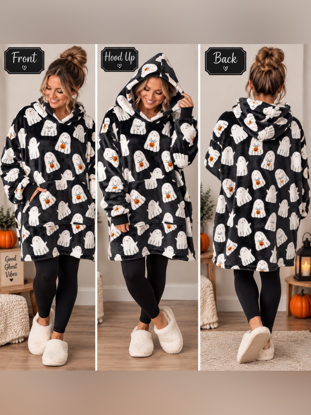 NWT Throwzy Halloween Ghost Pumpkin Plush Hooded Poncho One Size 🎃👻